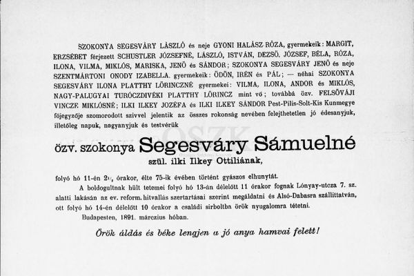 Segesváry Sámuelné gyászjelentése