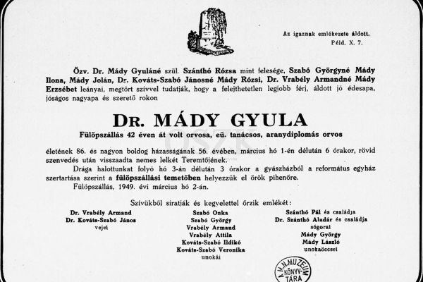 Dr. Mády Gyula gyászjelentése