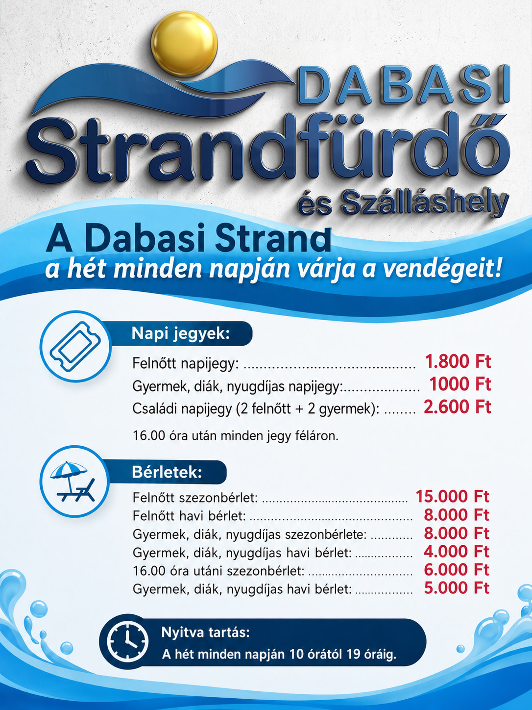A Dabasi Strand 2026-os árai